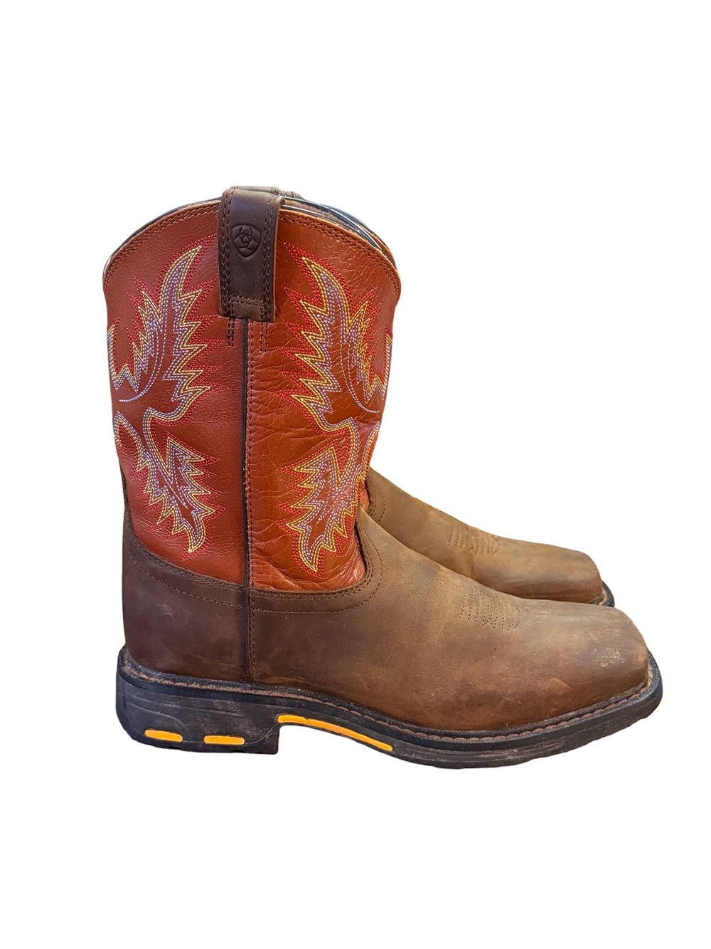 Ariat WorkHog Wide Square Toe Western Work Boots Brown/Orange Youth Size 6